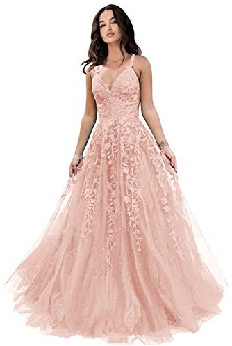 Robes de soirée en tulle à paillettes pour femme - Appliques en dentelle - Longues robes de soirée à bretelles fines - 2023 - Rose (Blush), taille 6
