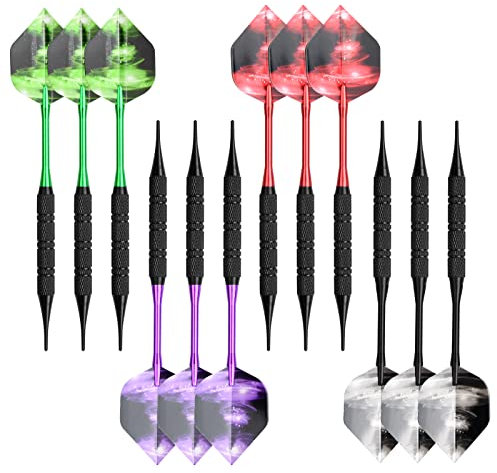 Dartpfeile mit Kunststoffspitze 12 Stück, Profi Soft Darts Pfeile Set 18 Gramm, mit Zusätzliche 3 Aluminium Schäfte, 3 Dart Flüge, 100 Dartspitzen, 20 Gummiringen, 1 Stoffbeutel, für Bar Party