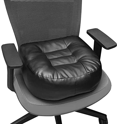 YOUFI Leather Seat Cushion Extra-Thick Booster for Office Chair to Rise Height - Full Filling for Support - with Breathable Cover, Handle and Buckle - Relieves Back Pain – 18x16x6 (Black)