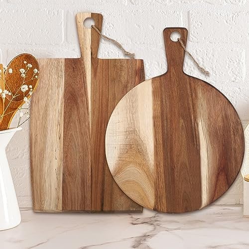 Hsei 2 tablas de cortar de madera de acacia con asa, tabla de embutidos de madera, juego de tallado de paleta grande, bandeja de servir mantequilla para queso, carne, frutas, pizza, pan (mango