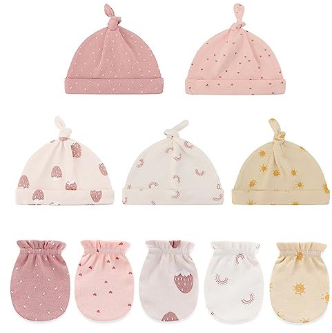Ecojoy Newborn Baby 5 Mützen und 5 Paar Kratzfeste Fäustlinge für Babys Jungen und Mädchen, Alter 0-6 Monate, 100% Baumwolle, Einheitsgröße, Pfirsichrosa