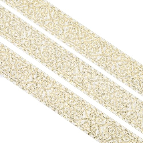 SUPERFINDINGS 1 Rolle 7m Jacquardband Im Ethno Stil 5cm Breit Weiß Goldene Stickerei Polyesterbänder Florales Stoffbesatzband Für DIY Kleidung Nähen Dekorationen