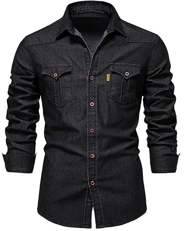 ENEN Camisas Denim Manga Larga para Hombre, Algodón Button Down Shirt Solapa Casuales Ajuste Entallado Camisa Vaquera para Mens Clásico Color Sólido Shirts con Bolsillo -6003
