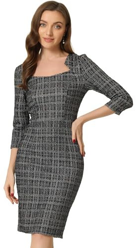 Allegra K Elegant Work Dress for Women 3/4 Sleeve Plaid Tweed Bodycon Dresses Black XL