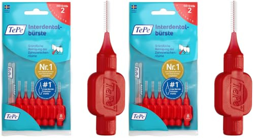 TePe Interdentalbürste Rot ISO-Größe 2 (0,5 mm) / Für eine einfache und gründliche Reinigung der Zahnzwischenräume / 1 x 8 Interdentalbürsten (Packung mit 2)