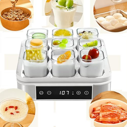 GJLRS Pequeña yogurtera Digital, Control de Temperatura y Tiempo Ajustable, máquina de Yogur Natto con 9 frascos de Vidrio (52 onzas) para Hacer Yogur, fermentador de Masa, Vino de arroz y Natto