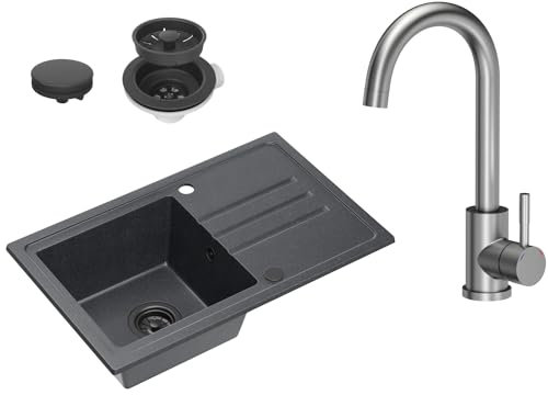 VBChome Granitspüle Schwarz 70 x 44 cm Einzelbecken Einbauspüle Reversibel Komplett-Set mit Siphon und Edelstahl-Armatur Inox Pflegeleicht Gesprenkelt Tiefes Becken – Ideal für kleine Küchen