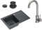 VBChome Granitspüle Schwarz 70 x 44 cm Einzelbecken Einbauspüle Reversibel Komplett-Set mit Siphon und Edelstahl-Armatur Inox Pflegeleicht Gesprenkelt Tiefes Becken – Ideal für kleine Küchen