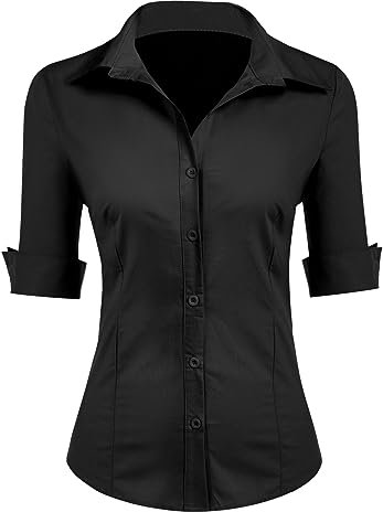 Zeagoo Blusa para mujer, corte ajustado, camisa de algodón, manga corta, blusa de oficina, manga 3/4, cuello de pico, camiseta básica con botones, tallas XS-XXL, Negro (una talla más pequeña para Slim