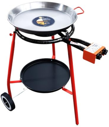 ZENDEU Andreu Paella Pan Set - 12 Servings - 18 inch (46 cm) Carbon Steeel Paella Pan + Double Ring Propane Gas Burner mod. 400 + Stand with wheel and tray