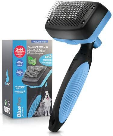 BluePet Kleine Hundebürste & Katzenbürste für Langhaar - Entfernt sanft Unterwolle, Verfilzungen & Knoten - ZupfZeug Version 2.0 mit Reinigungsknopf - Für die tägliche Anwendung