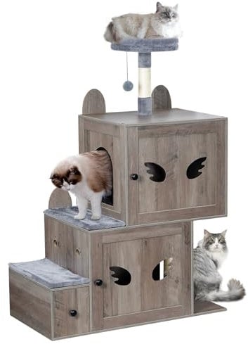 Snughome Cat Tree with Litter Box Enclosure, 3 in 1 Modern Cat Tower for Indoor Cats, Double Hidden Litter Box Cabinet Furniture with Cat Stairs, Scratching Post, Indoor Cat House for 2 Cats, Grey