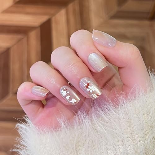 DMQ Cat Eye False Nail Square, 10Pcs Glitter Press-on Nails Short, Glossy Fake Nails with Flowers, Handmade Stick on Nails with Nail Glue for Women Girls Nails Art