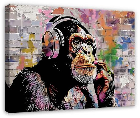 WallArena - Leinwand Bilder Affe Banksy - 60x40 cm Leinwandbilder - Bild auf leinwand - Wandbild XXL groß Wandbilder für Wohnzimmer Schlafzimmer Wohnzimmerbilder Modern kunstdruck - Street Art Musik