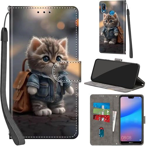 Handyhülle für Huawei P20 Lite Hülle PU Leder Schutzhülle Klappbar mit Kartenfach Ständer Handytasche mit Kameraschutz Flip Case Klapphülle für Huawei P20 Lite, Katze
