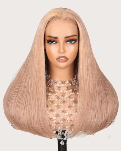 MEGALOOK Perücke Damen Echthaar Salon-Quality 5x6 Pre Cut Lace Frontal 220% Density 12A Silky Straight Upgraded Plucked Bleached Knots Light Brown Blonde 18 Inch