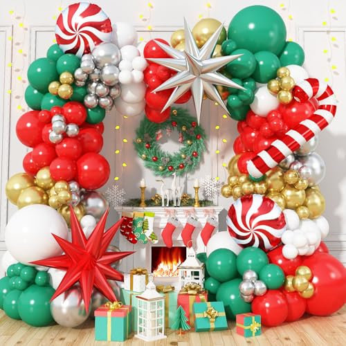 HILAVO Christmas Balloon Garland Arch Kit, 152PCS Red Green White Silver Gold Balloons Pinwheel Star Cane Foil Balloons for Christmas Winter Holiday New Year Birthday Party Decorations