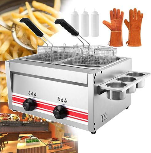 forplubossmmp Commercial Deep Fryer - Stainless Steel Double Fryer - Double-slot Deep Fryer w/Gloves 10L+10L - Professional Oil Deep Fryer for Kitchen Dining - Independent Fire Control Switch