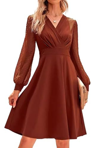 IFFEI Women Dresses Long Sleeve V Neck Swiss Dot Solid Ladies Cocktail Evening Party Midi Dress M Brown