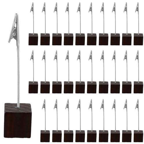 YIXNSW Lot de 30 Porte Photo Pince sur Pied en Bois avec Pince Crocodile, 25 x 25 x 113 mm, Marron Clair, Support Photo pour Mariage, Bureau, Fête, Maison