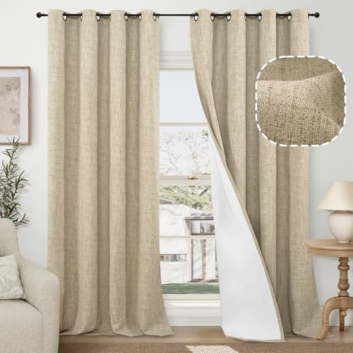 Verdunklungsvorhänge aus Leinen für Wohnzimmer/Schlafzimmer, 152,4 cm breit, 2 Paneele, vollständig verdunkelnd, wärmeisoliert, schalldicht, Boho-Fenstervorhänge, weißes Futter für modernes