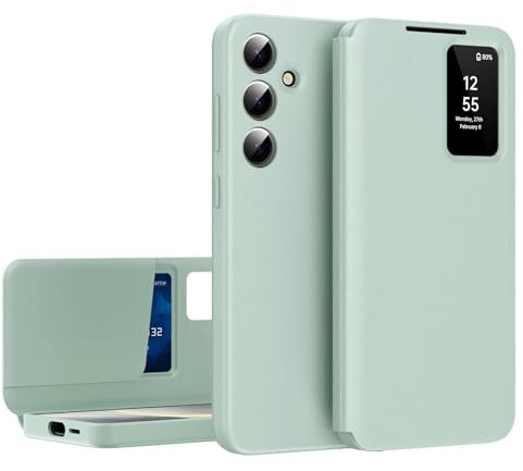 YANJIEER ESONG Handyhülle für Samsung Galaxy S25 Tasche,Leder Flip Folio Schutzhülle Cover, Smartphone Clear View Case,Sichtfenster,Intelligenten Stoßfest Klapphülle mit Kartenfac Grün