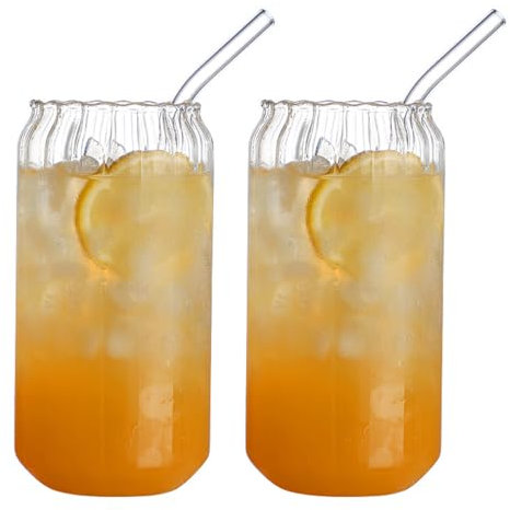 lulalula Vasos de vidrio a rayas verticales con pajitas reutilizables, vasos de borosilicato de 530 ml para leche, café, cerveza, whisky y cócteles (paquete de 2)