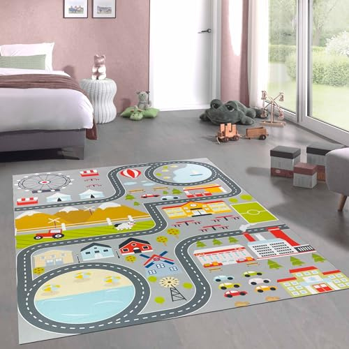 CARPETIA Kinderteppich Stadtplan Straßen Grau rutschfest 120x160 cm | Rutschfest, pflegeleicht, strapazierfähig, schadstofffrei und saugrobotergeeignet, OEKO-TEX geprüft, für Fußbodenheizung