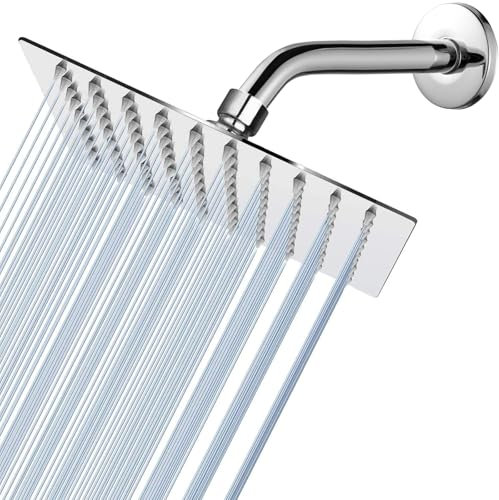 Soffione Doccia Katezon a Pioggia ad Alta Pressione da 20 cm con Braccio da 25 cm, Soffione Quadrato in Acciaio Inox, Ugelli Autopulenti in Silicone, Montaggio Universale a Parete e a Soffitto (Cromo)