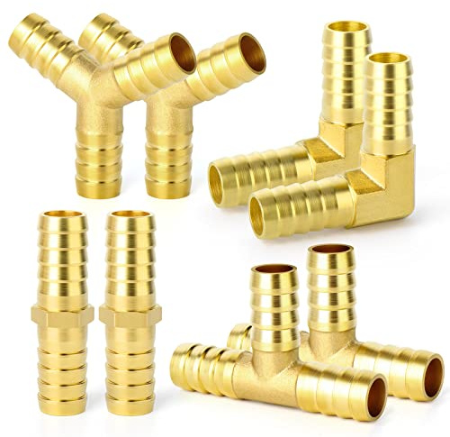 GASHER 8PCS 8mm Brass Hose Barb Assortment Set | Includes 90° Elbow, Y-Shape, and Tee Connectors for Versatile Tube Connections