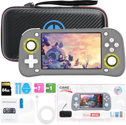 Temoo XF43 Console Portatile, 64 GB 1,5w+ Giochi Sistema Linux Open Source 30 Emulatori Retro Console Portatile, Emulatore Console IPS Da 4,3 Pollici, Batteria Da 3000 Mah (64GB - Grigio)