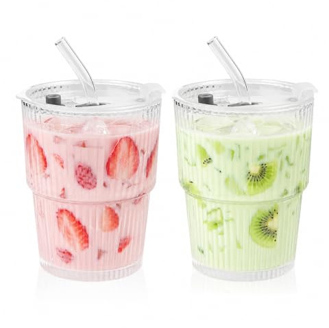 HSMHLYYB 2 Stück Glasbecher Mit Deckel Und Strohhalm, 400Ml Matcha Glas, Eiskaffee Becher, Eiskaffee Gläser, Luftdicht Wasserdicht Design, Smoothie Becher Für Saft, Wasser, Tee, Milch, Latte