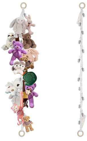 2 Stück Aufbewahrung Kuscheltiere, 2m Stofftier Aufbewahrung mit Holzringen und 10 Metallklammern, Kuscheltier mit Boho Organizer für Kinderzimmer Deko Aufhängen von Hüten, Socken (Cremefarben)