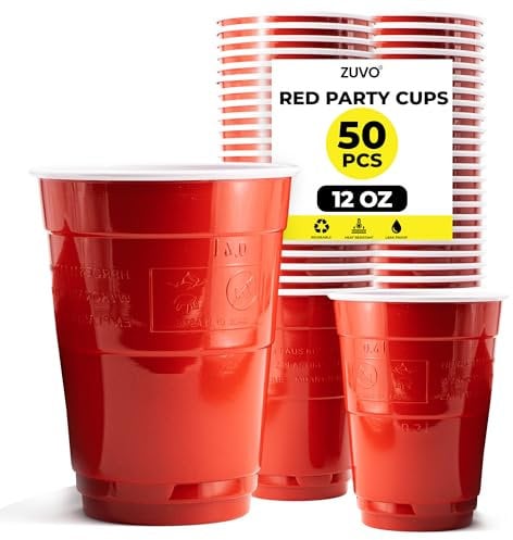 Zuvo Red Party Cups – 12oz Plastic Disposable Cups (Pack of 50) – Durable Red Plastic Cups for Events, BBQs, Picnics & Parties – Recyclable & Easy to Use – Classic Design