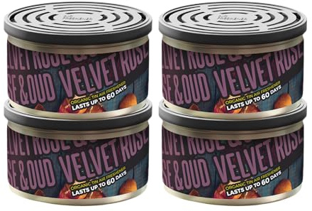 Velvet Rose & Oud 4PK Organic Tin Air Fresheners, Certified Plastic Neutral, Long Lasting Car & Home Fragrance, Natural Aroma, Compact & Portable, Pack of 4