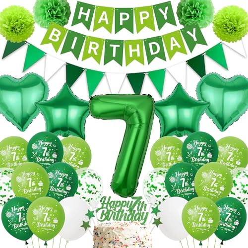 Tasoraor Deko 7. Geburtstag Junge Grün - Happy Birthday Banner Girlande Wimpel Tortendeko, Seidenpapier Pompons und Stern Herz Riesen Zahl 7 Folienballon für 7 Jahre Geburtstagsdeko
