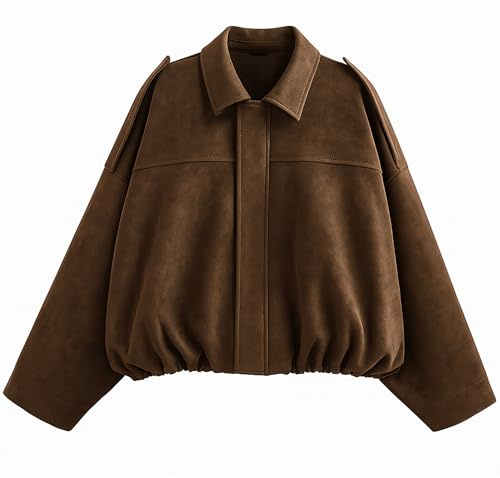 WERFORU Women's Faux Suede Bomber Jacket Casual Pilot Coat Oversized Spring Fall Batwing Long Sleeve Streetwear Outwear