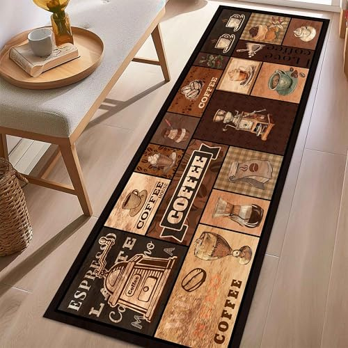 USHIRUG Läufer Teppich Kaffeetassen Motiv, 60x240cm, Vintage-Küchenteppich Mit Kaffeemotiv, Vintage-Teppich in Kakaobohnenbraun für Eingangsbereich, Rutschfester, Farbechter Läufer für Wohnzimmer