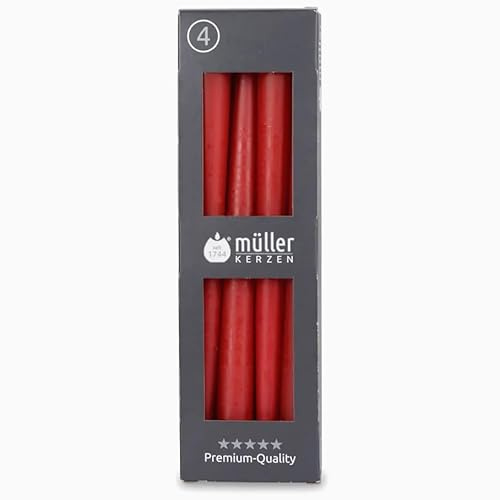 Müller Kerzen - Spitzkerzen Rot - 4er Set Tafelkerzen - 7 Std. Brenndauer - 22 × 245 mm - Tropfarm, Raucharm, Duftfrei - Leuchterkerzen für Kerzenhalter & Tischdekoration - RAL-zertifiziert