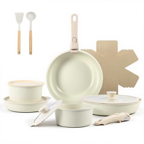 Panana 17PCS Ceramic Pots and Pans Set,Nonstick Kitchen Cookware Set | Induction Kitchen Set with Detachable Handle,Frying & Sauce Pans with Glass Lid, Oven Safe,Beige-White