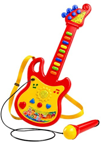Guitare électrique jouet pour enfants avec microphone amplifié, effets lumineux, bandoulière, mélodies préenregistrées, guitare rock électronique, 45 cm, guitare jouet pour enfants avec sons rock (A)