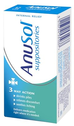 Anusol Haemorrhoid Suppositories, Shrinks Piles, Soothes Itching, 12 Count | Shrinks Piles, Relieves Discomfort, Soothes Itching, Internal Treatment
