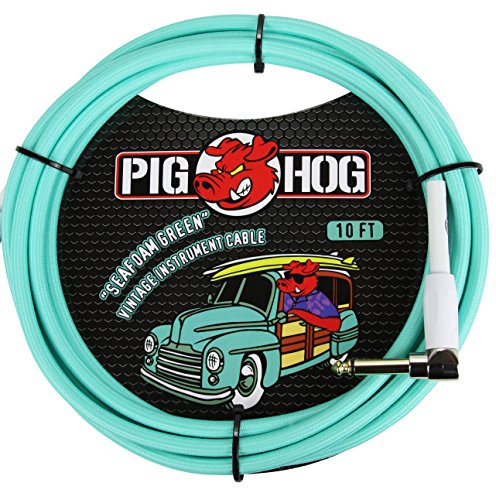 Pig Hog PCH10SGR 1/4 to 1/4 Right-Angle Seafoam Green Guitar Instrument Cable, 10 Feet