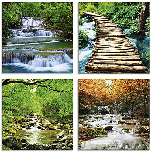 ARTland Wanddeko Glasbilder Wandbild Glas Bild Set 4 teilig je 30x30 cm Quadratisch Natur Wald Urwald Dschungel Wasserfall Fluss Felsen Jahreszeiten S6GL