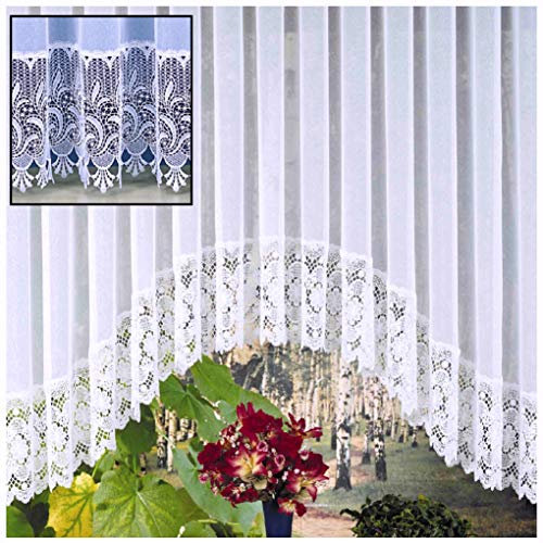 heimtexland C-Bogen Store Gardine aus edlem Websablé mit echtem Makramee-Sockel in rein weiß - HxB 175x600 cm für Dekorationsbreite 190-240 cm - Ökotex Macramée Vorhang Typ516