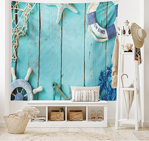 ABAKUHAUS Nautisch Wandteppich, Nautical Ozean-Landschaft aus Weiches Mikrofaser Stoff Waschbar ohne Verblassen Digitaldruck, 150 x 110 cm,Türkis Marineblau