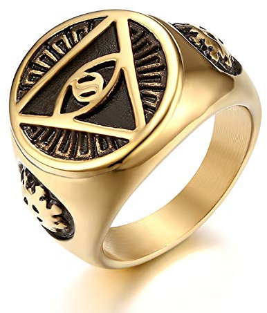 JewelryWe Schmuck Retro Herren-Ring Edelstahl Illuminati Auge der Vorsehung All-Seeing Eye The Eye of Providence Pyramide Ring Siegelring Band Bandring mit Gravur Gold Größe 62