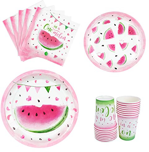 WERNNSAI Wassermelonen-Partygeschirr-Set – rosa Wassermelonen-Partyzubehör beinhaltet Einweg-Mittagessen, Servietten, Abendessen, Dessertteller, Pappbecher für Mädchen, Babyparty, für 16 Gäste