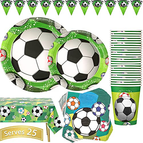 Vajilla para Fiesta de Fútbol 102 Piezas Tema Deportivo para Cumpleaños de Niños Incluye Platos Vasos Servilletas Mantel y Pancarta, 25 Invitados