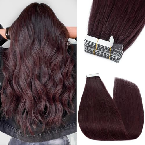 45cm Silk-co Extensiones de Pelo Natural Cinta Adhesiva Invisible Sin Clips 100% Remy Cabello Humano Tape in Human Hair [2.5g*10pcs] #99 Vino tinto Liso